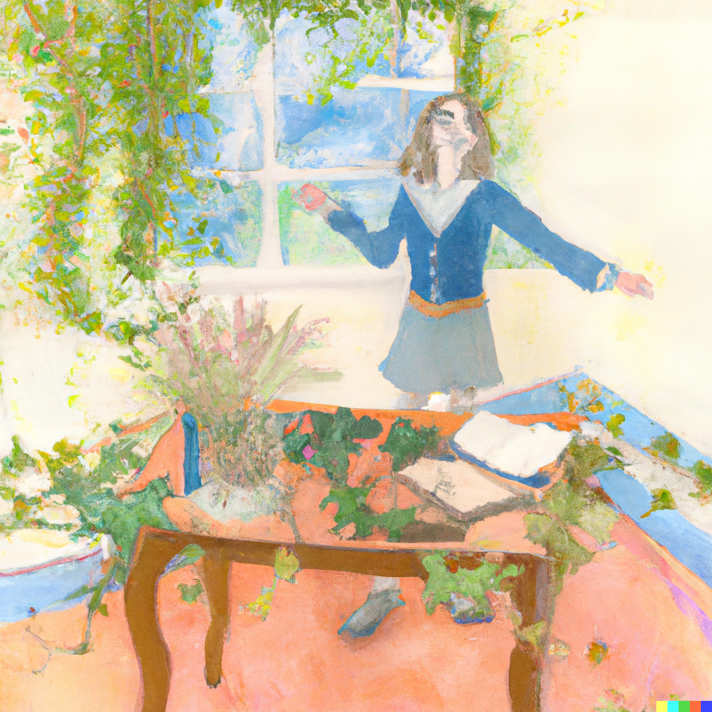 Innovator Ivy IdeaGrove, dancing beside her desk adorned with miniature plants named after famous authors.